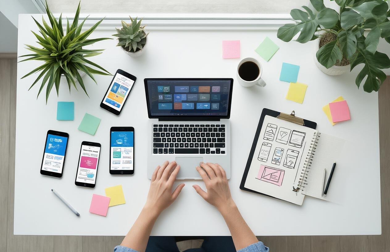 Create a realistic image of a modern workspace desk from above showing multiple smartphones and tablets displaying different colorful app interfaces with clean UI designs, a laptop computer screen showing wireframe sketches, a designer's notebook with hand-drawn app mockups, a stylus pen, and scattered sticky notes, all arranged on a clean white desk surface with soft natural lighting from a window, creating a professional and inspiring atmosphere that represents the culmination of successful app design projects, Absolutely NO text should be in the scene.